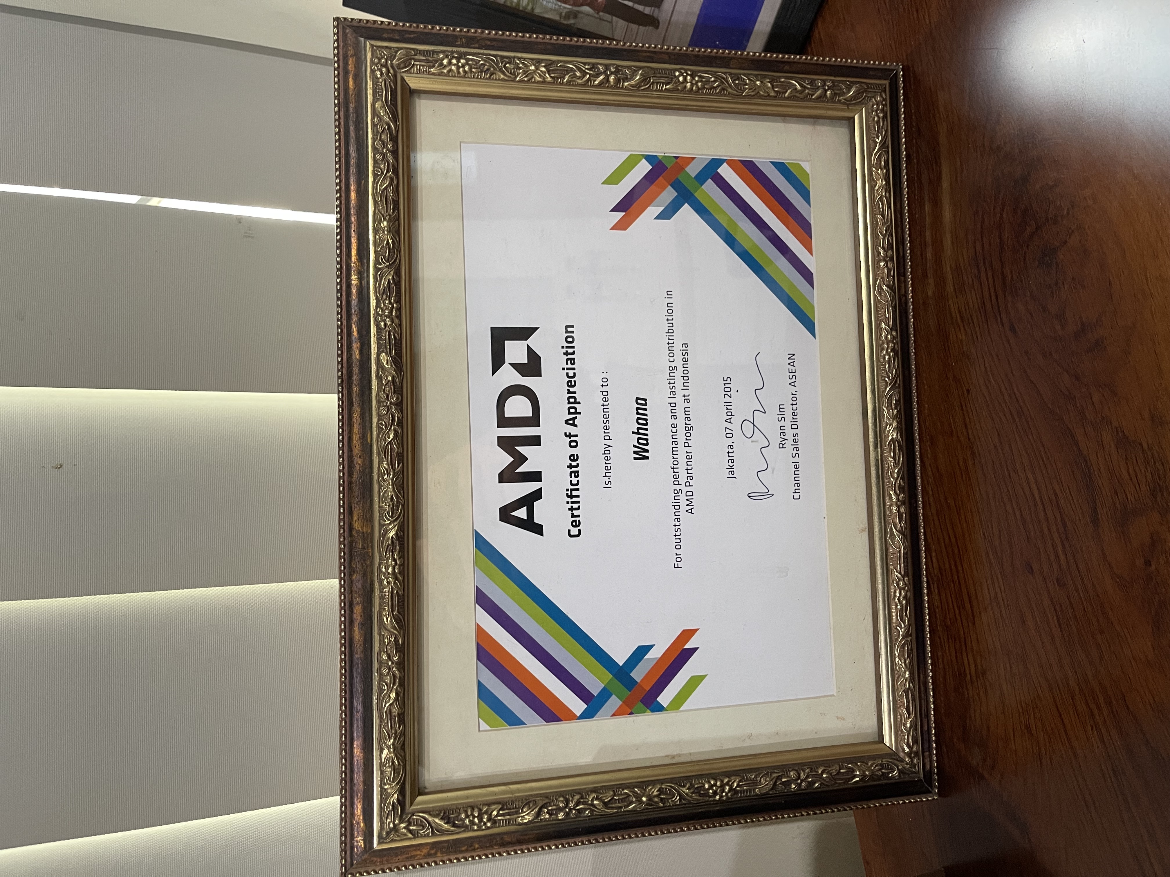 AMD Certificate of Appreciation presented to Wahana